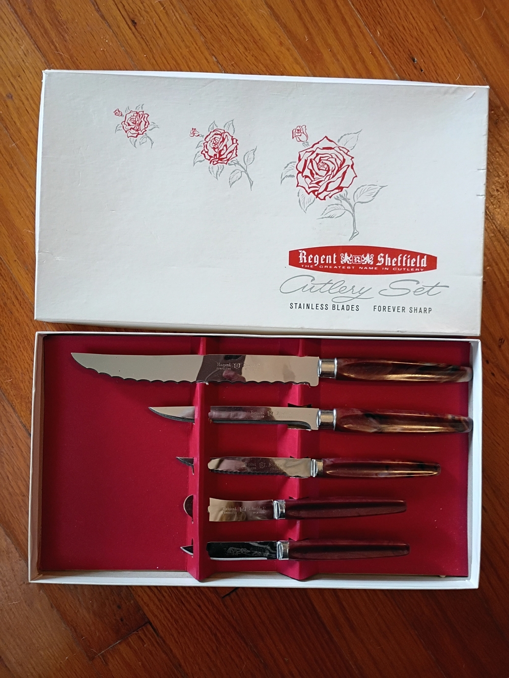 Vtg Mid Century Regent Sheffield Cutlery Set Forever Sharp Stainless Blades NOS